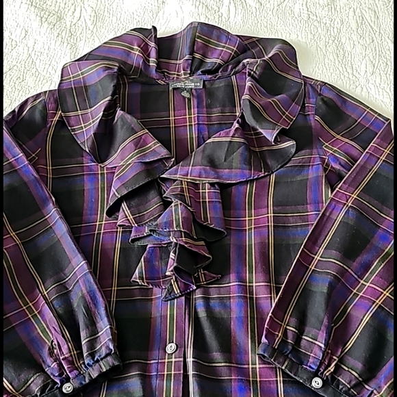 LRL Ruffled Trim Neckline Buttondown Plaid Blouse - Picture 6 of 15
